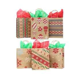 24 Christmas Kraft Gift Bags with Assorted Christmas Prints for Kraft Holiday Paper Gift Bags