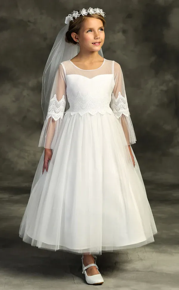 508 Embroidery Mesh Ruffle Sleeve First Communion or Flower Girl Dress