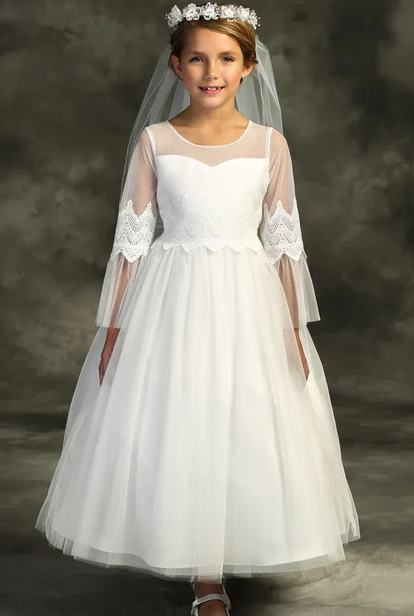 508 Embroidery Mesh Ruffle Sleeve First Communion or Flower Girl Dress