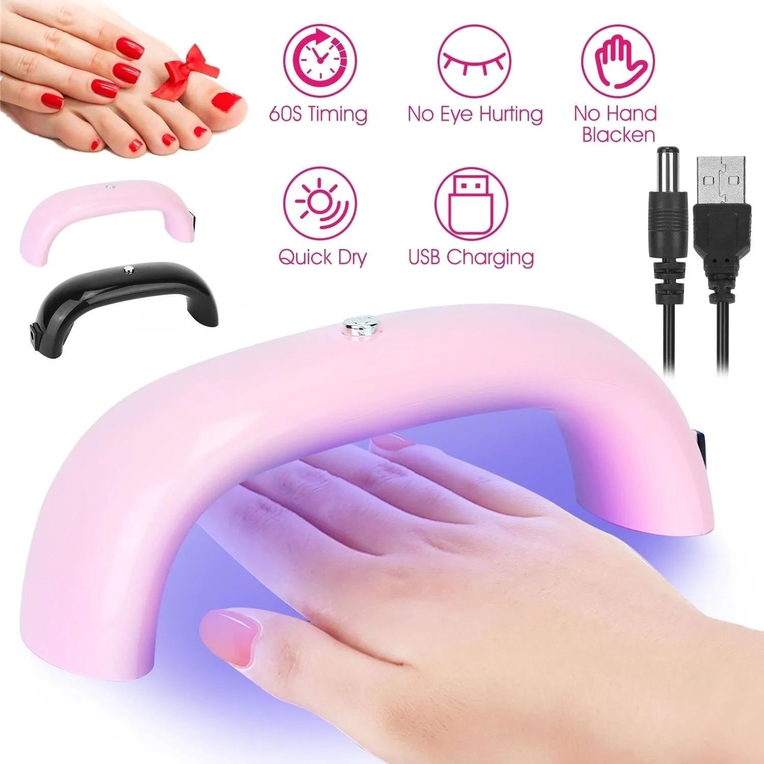 9W Portable LED Nail Dryer Lamp UV Gel Curing Light 60S Timer Black Pink