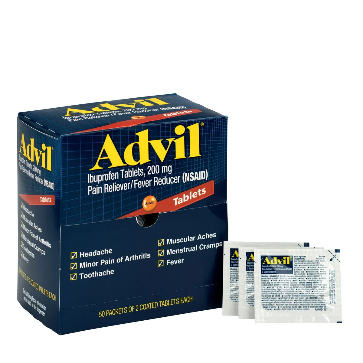 Advil Ibuprofen Medication, 50 Doses Of Two Tablets, 200 Mg - W-15000