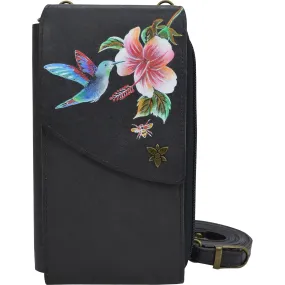 Anuschka Crossbody Phone Case Hummingbird Black Leather