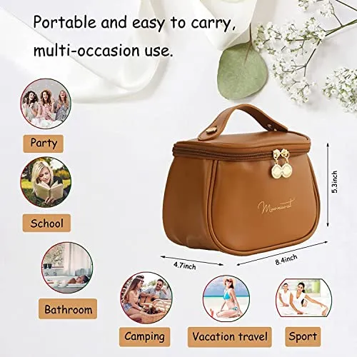 ARLICORPING Makeup Storage Bag, Portable Cosmetic Bag, PU Leather Multifunctional Vanity Bag for Makeup,Cosmetic Brush Case, Cosmetic Travel Bag for Women Organization Bag with Handle(Brown)