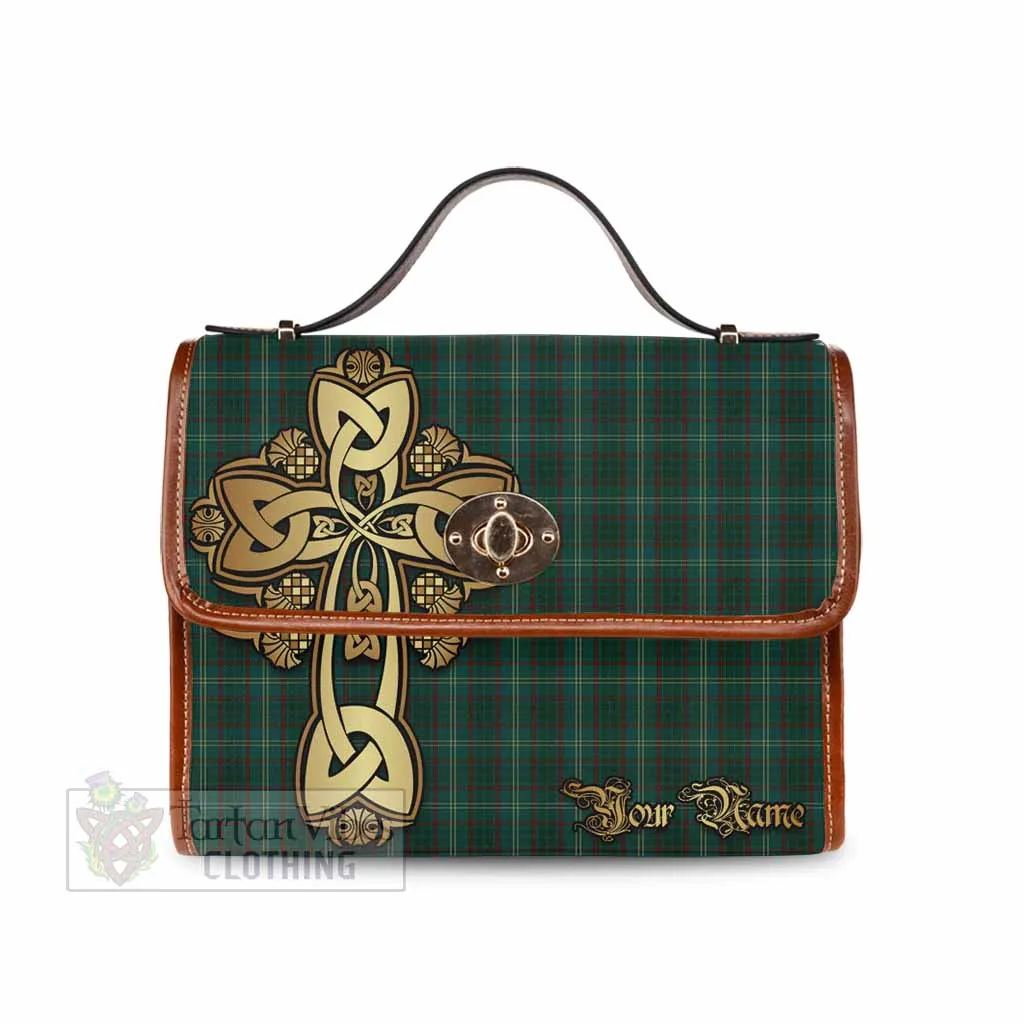 Armagh County Ireland Tartan Waterproof Canvas Bag Golden Thistle Celtic Cross Style