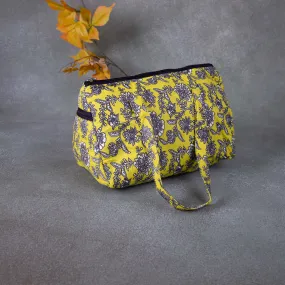 Barrel Handbags Yellow with Grey Flower Design.