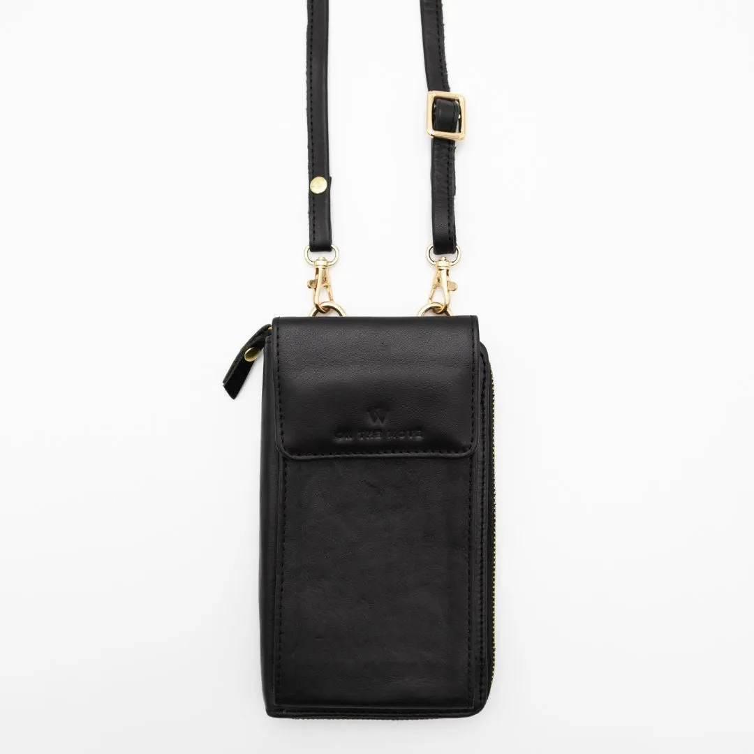 Black Leather Phone Purse Bag (w Gold Fittings)