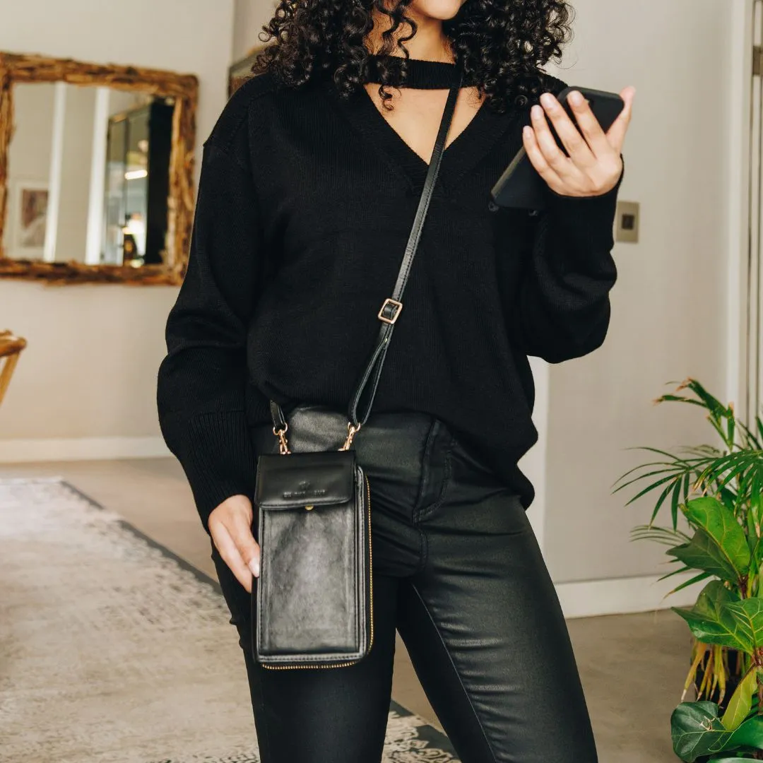 Black Leather Phone Purse Bag (w Gold Fittings)