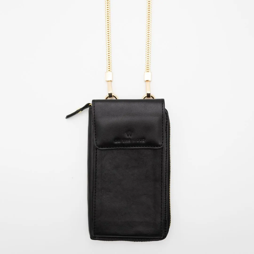 Black Leather Phone Purse Bag (w Gold Fittings)