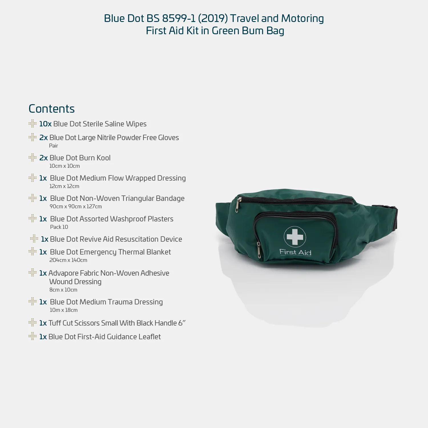 Blue Dot BS 8599-1 (2019) Travel and Motoring First Aid Kit in Green Bum Bag