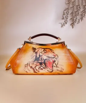 Casual Yellow Print Paitings Calf Leather Tote Handbag