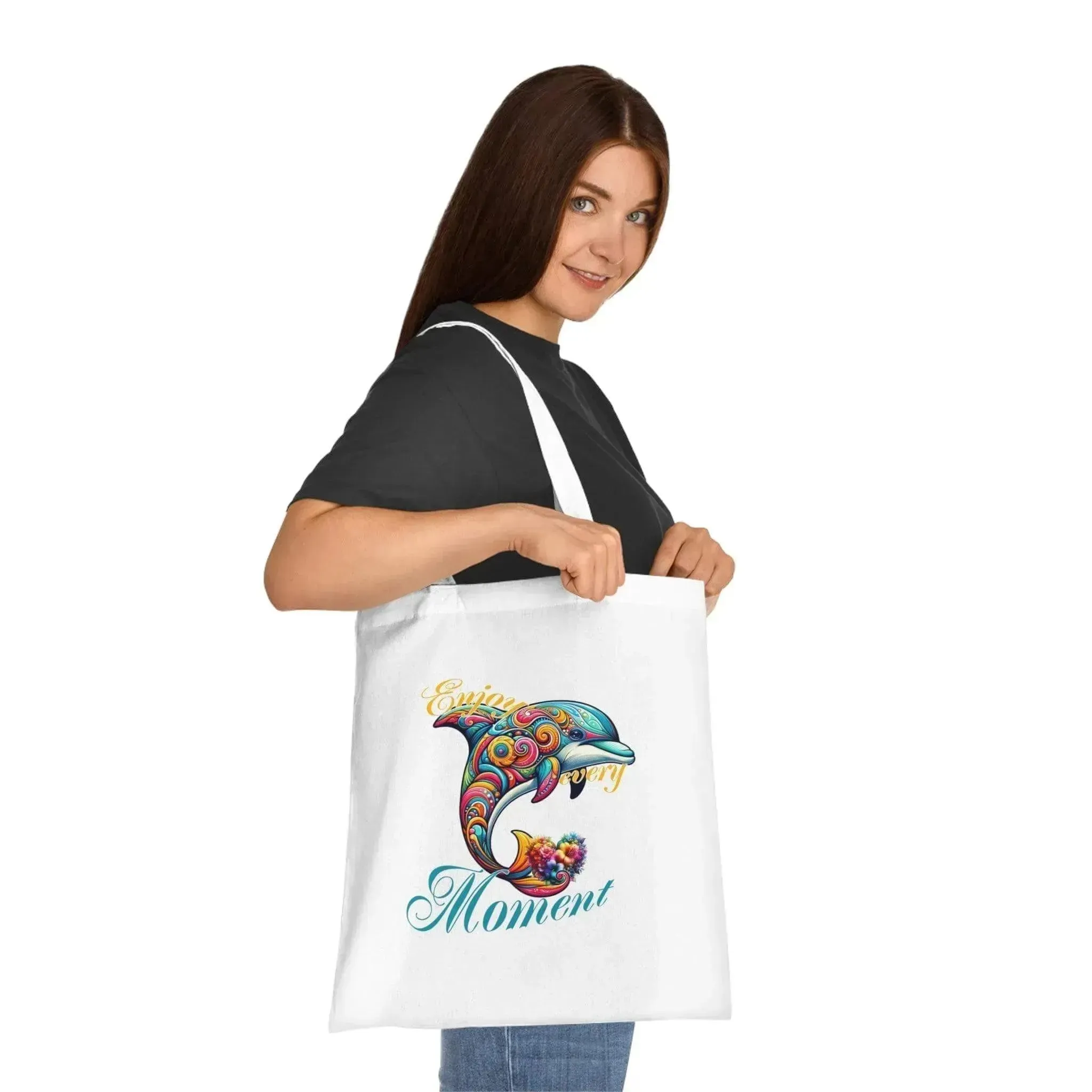 Colorful Flower Dolphin Loving Cotton Tote Bag