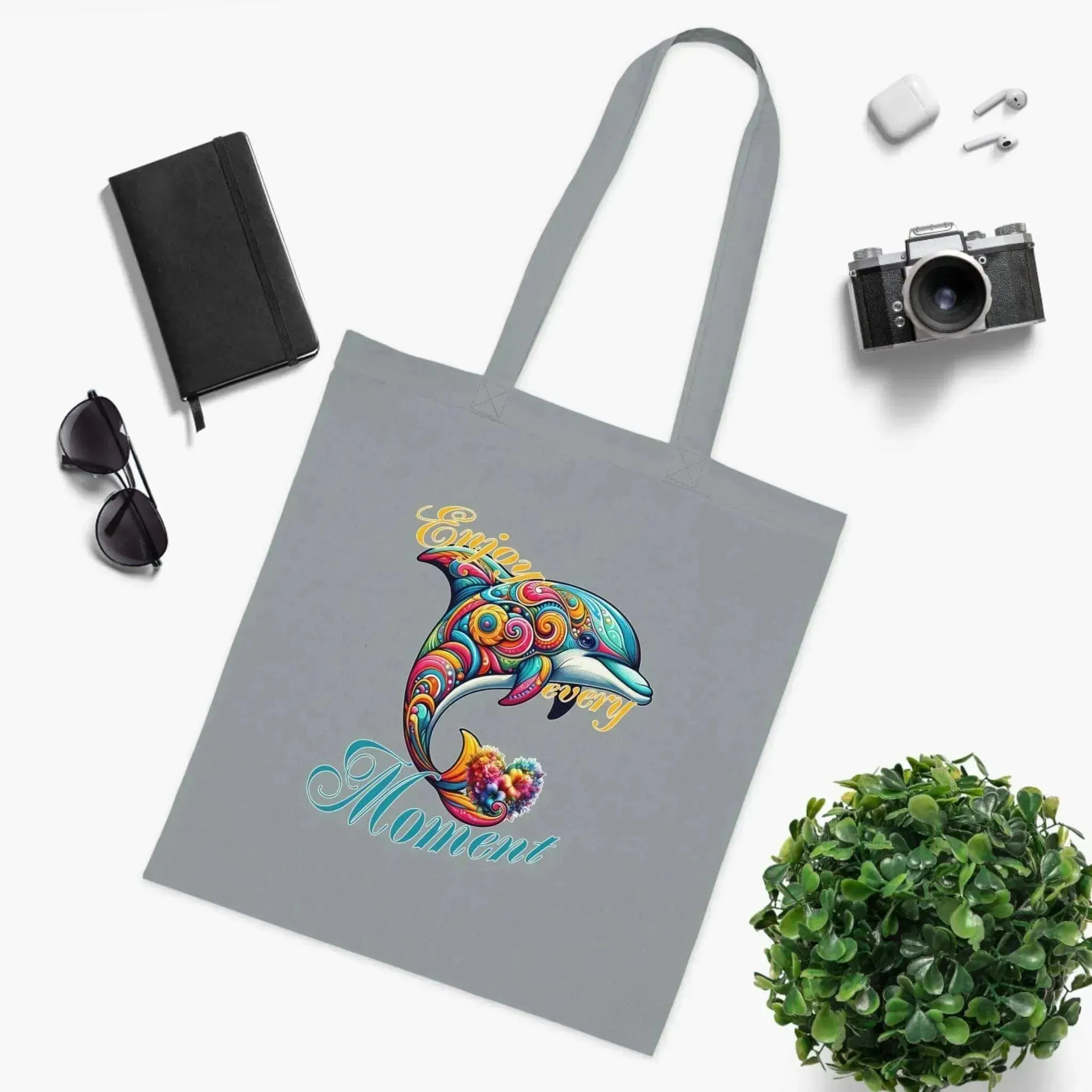 Colorful Flower Dolphin Loving Cotton Tote Bag