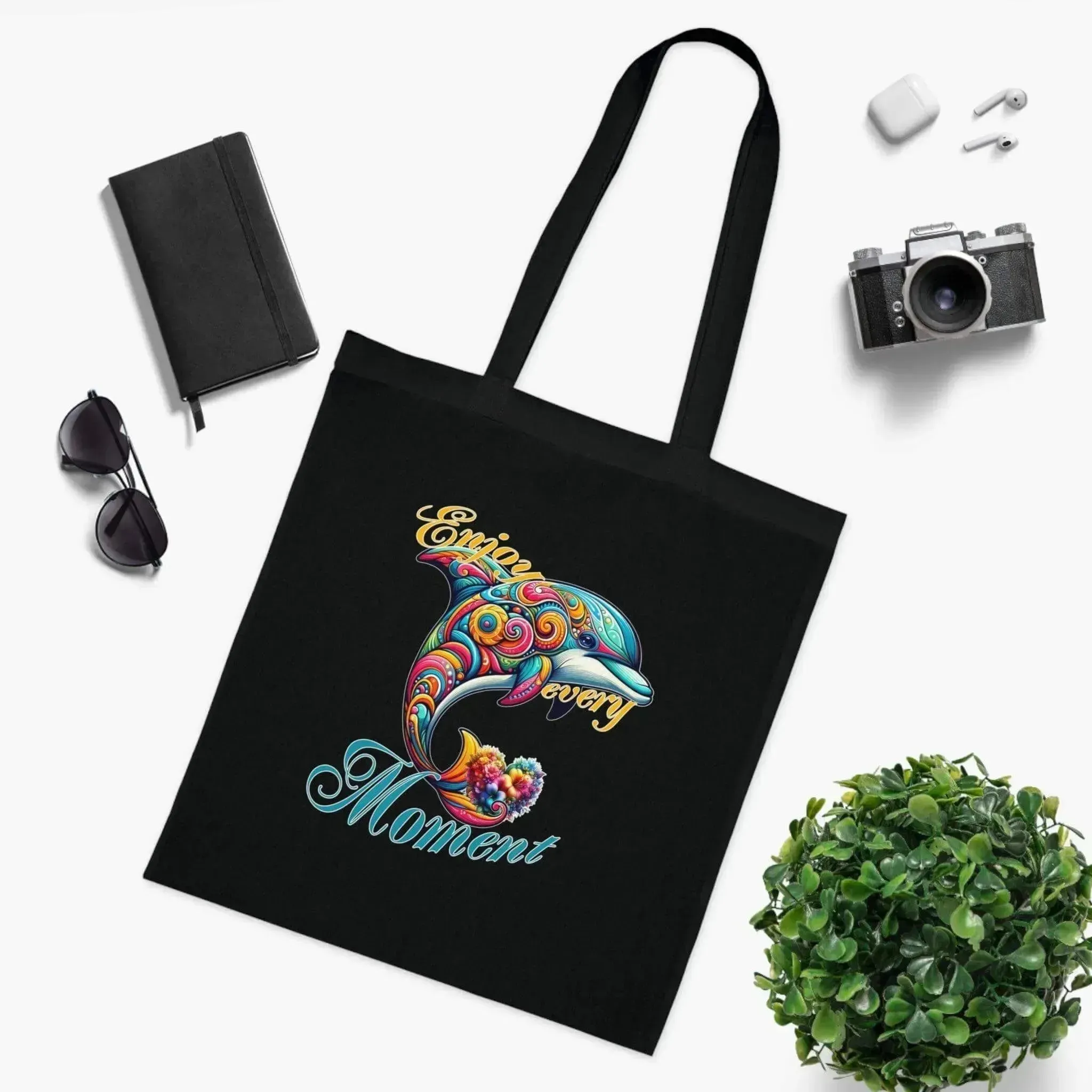 Colorful Flower Dolphin Loving Cotton Tote Bag