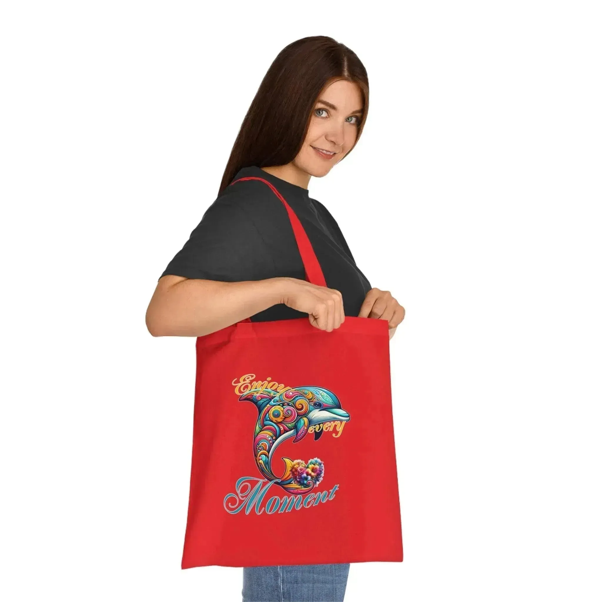 Colorful Flower Dolphin Loving Cotton Tote Bag