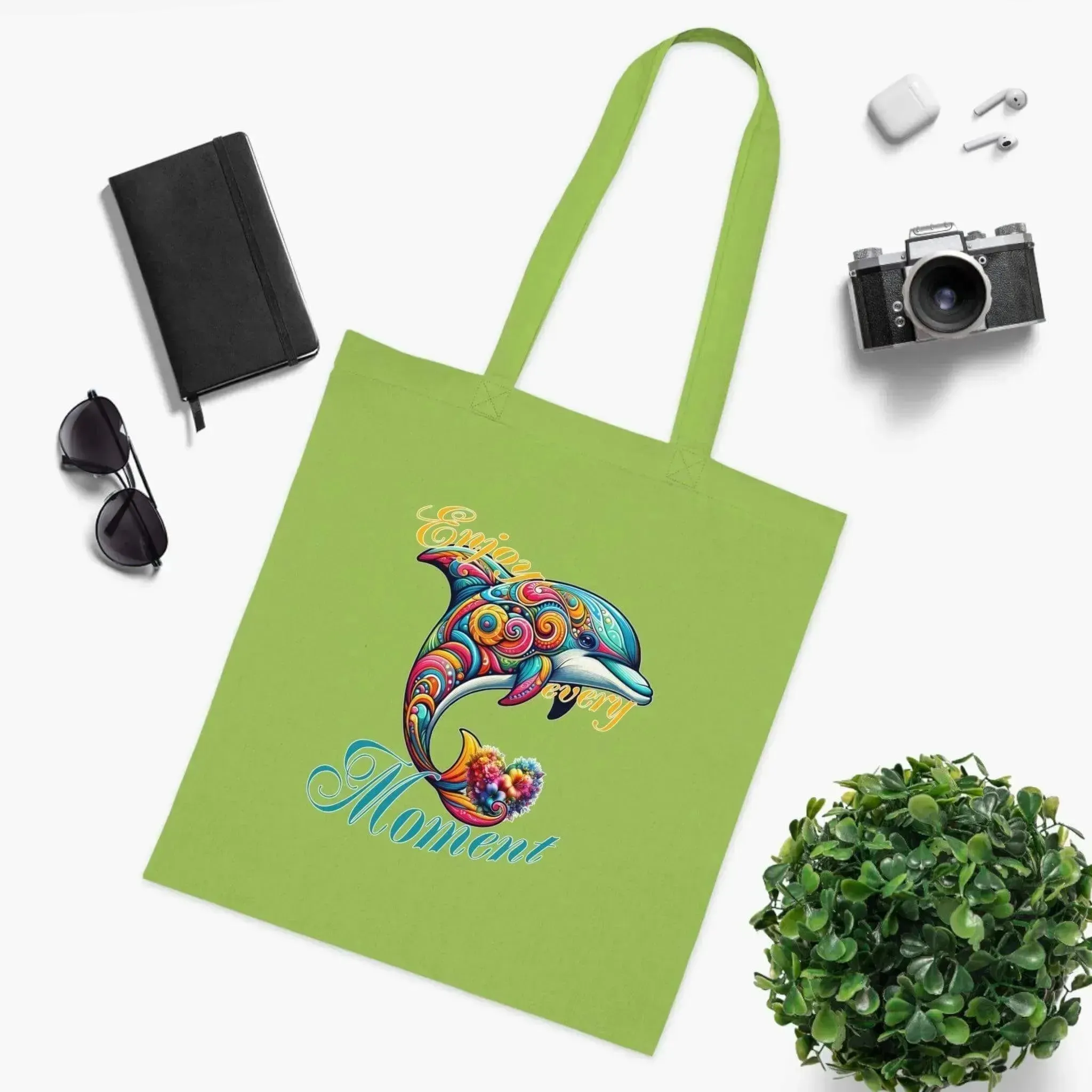 Colorful Flower Dolphin Loving Cotton Tote Bag