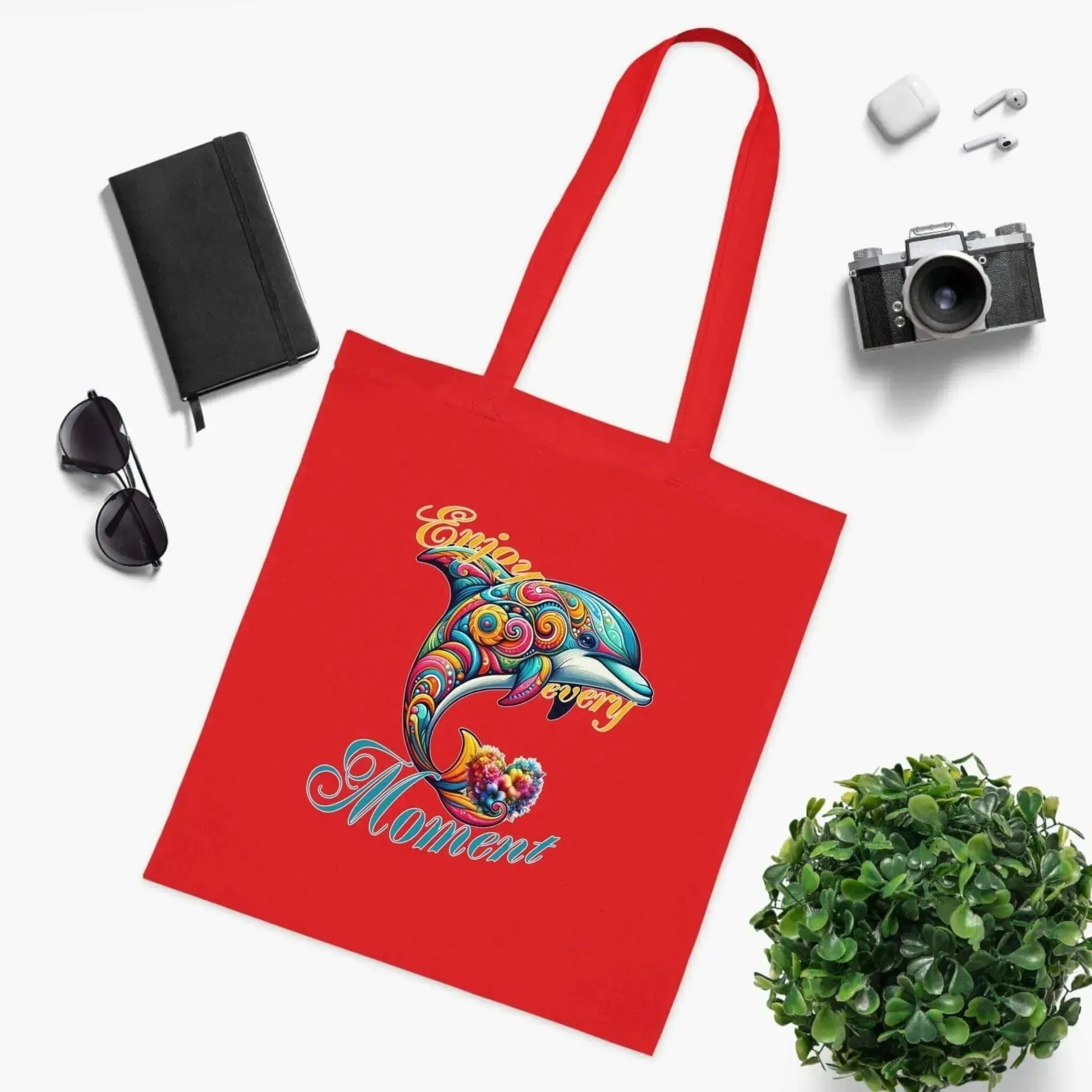 Colorful Flower Dolphin Loving Cotton Tote Bag