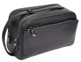 Full Grain Leather Wash Bag Toiletry Shaving Kit Cosmetics Travel Pouch AYD6 Black