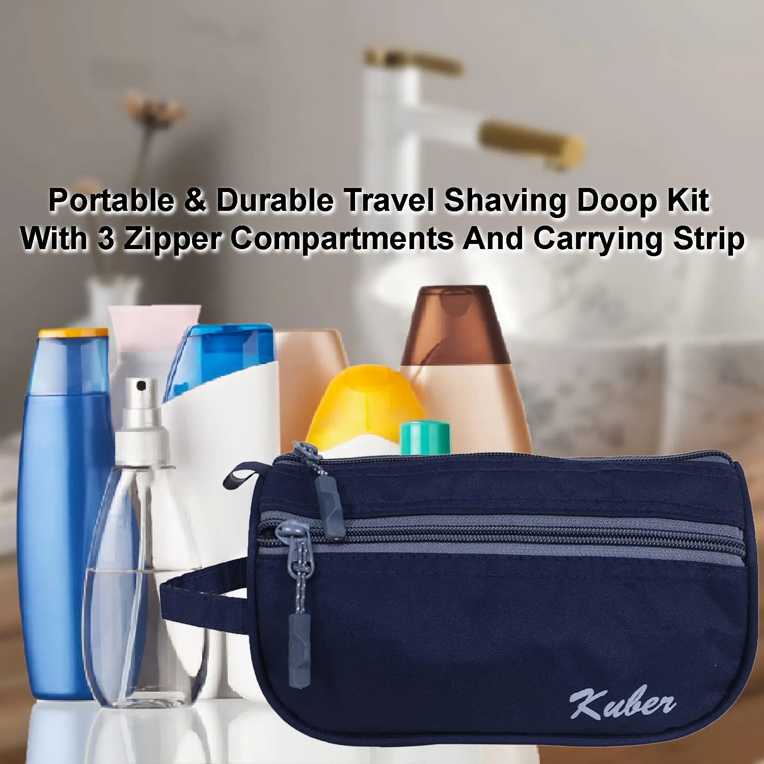 Heart Home Rexine Toiletry Organizer|Portable & Durable Travel Shaving Doop Kit with Fornt Zipper and Carrying Strip, Pack of 2 (Navy Blue)