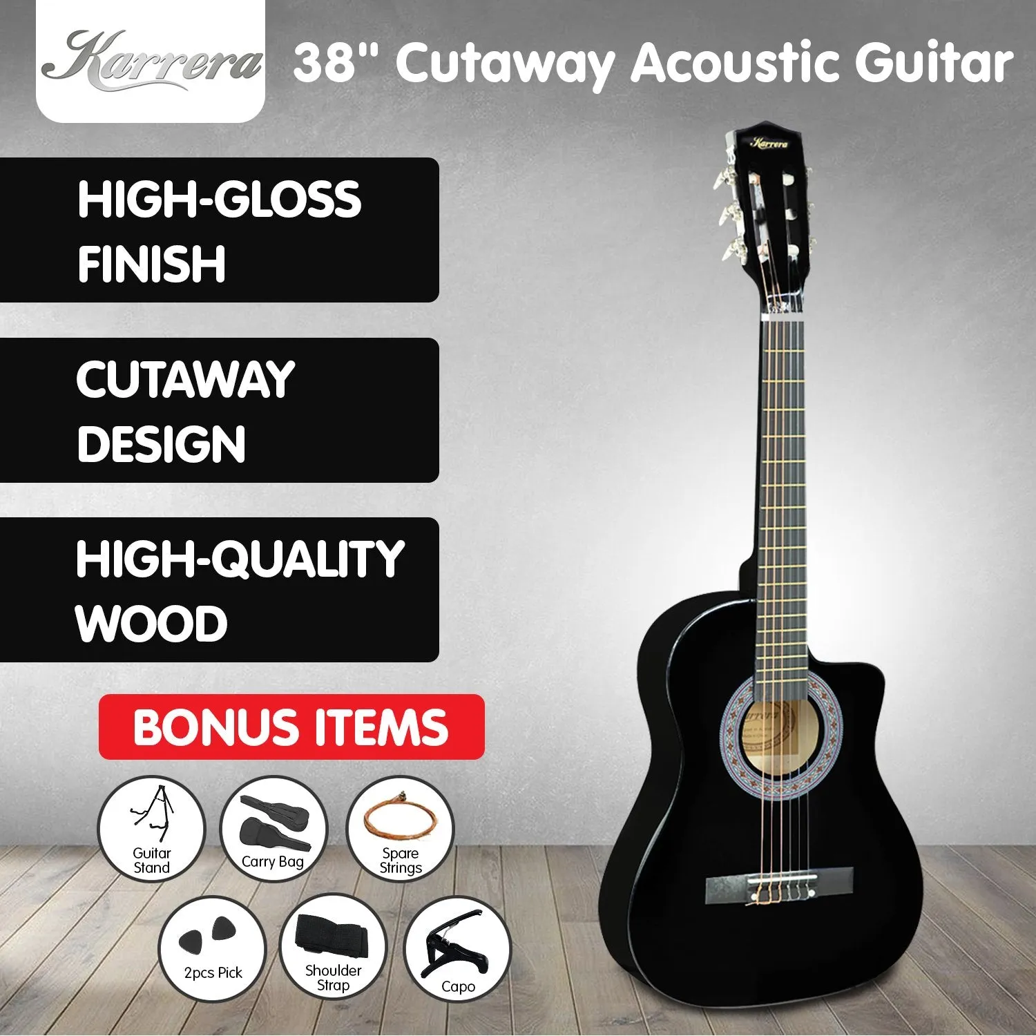 High-Gloss 38in Acoustic Guitar Set with Accessories - Karrera