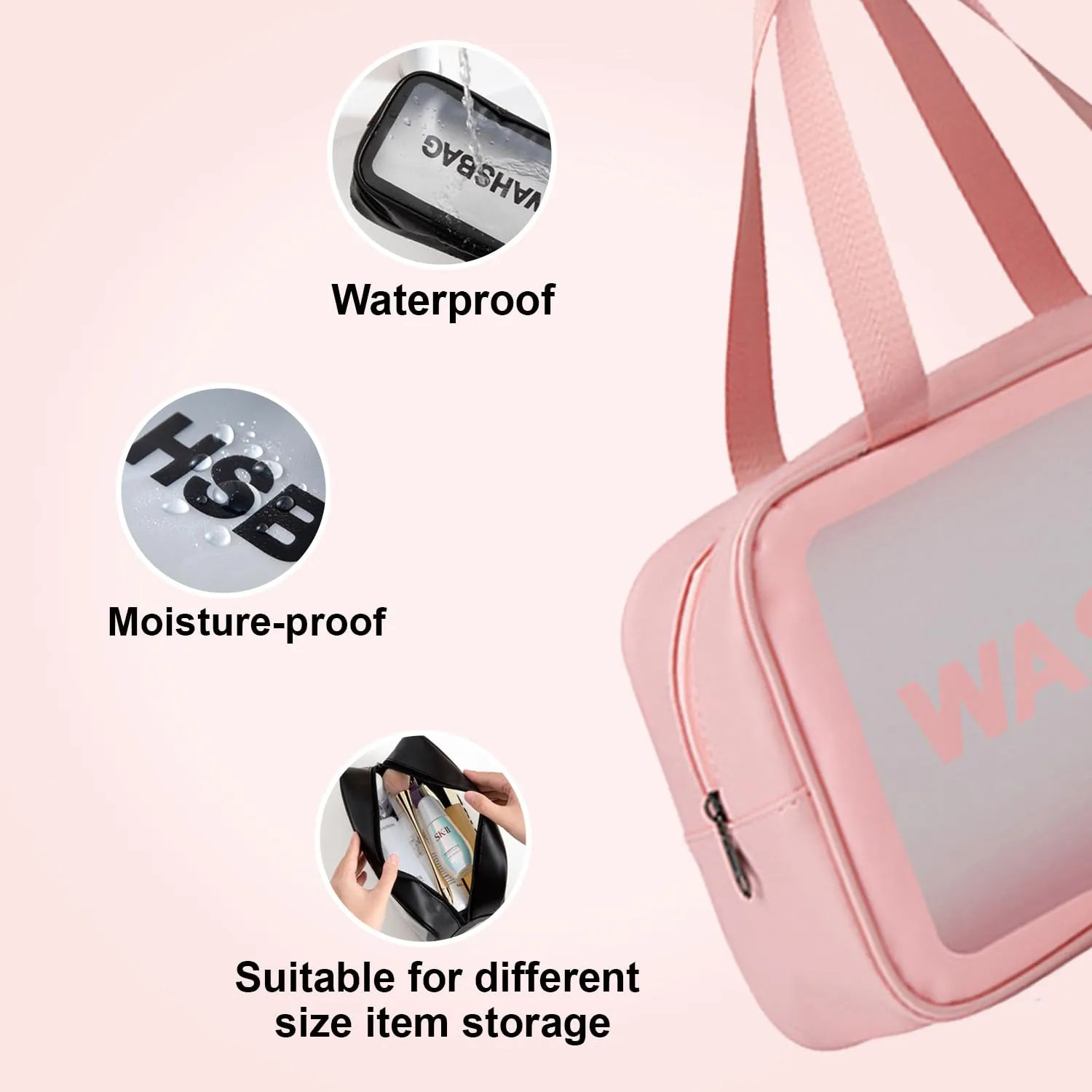 Homestic Set of 3 Toiletry Bag | Travel Storage Carry Pouch | Waterproof Cosmetic Bags | Portable Carry Pouch for Men-Women | Transparent Wash Bag with Handle | ZH019PK | Pink