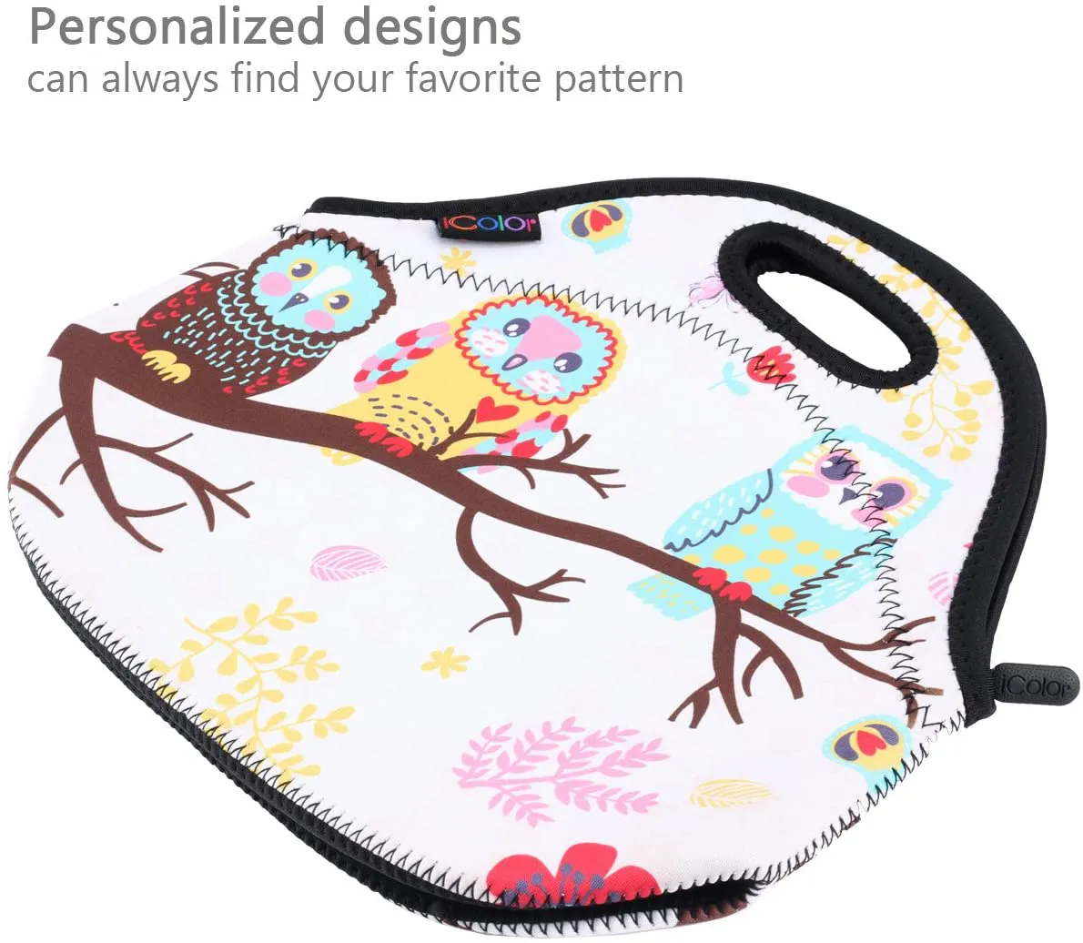 iColor Cute Owls Neoprene Insulated Waterproof Cooler Box Container Soft Case baby lunchbox Handbag Work Travel Outdoor Thermal Lunch Tote Bag School/Office Storage Pouch