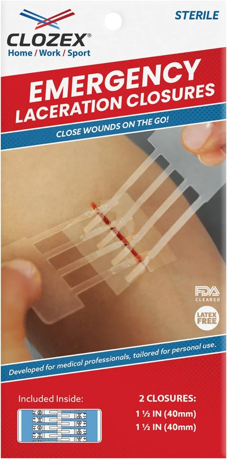 ITEM# 0210   Emergency Laceration Kit - Repair Wounds Without Stitches. FDA Cleared Skin Closure Device for a Wound Up to 1 1/2 Inches in Length. Complete Kit to Clean, Close, and Cover Wounds. (Watch Video)