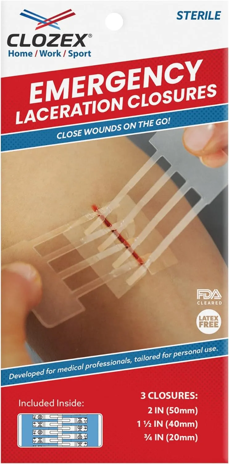 ITEM# 0210   Emergency Laceration Kit - Repair Wounds Without Stitches. FDA Cleared Skin Closure Device for a Wound Up to 1 1/2 Inches in Length. Complete Kit to Clean, Close, and Cover Wounds. (Watch Video)