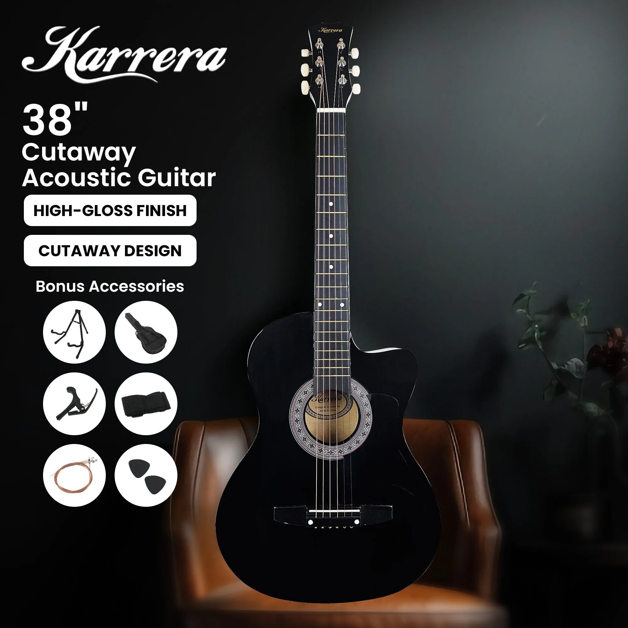 Karrera 38" Pro Cutaway Acoustic Guitar with Carry Bag (Black)