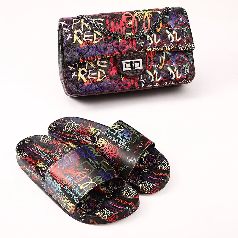 Ladies retro graffiti print slides slippers  and handbag set