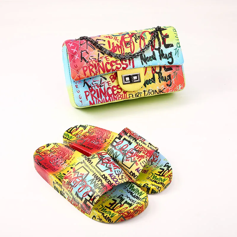 Ladies retro graffiti print slides slippers  and handbag set