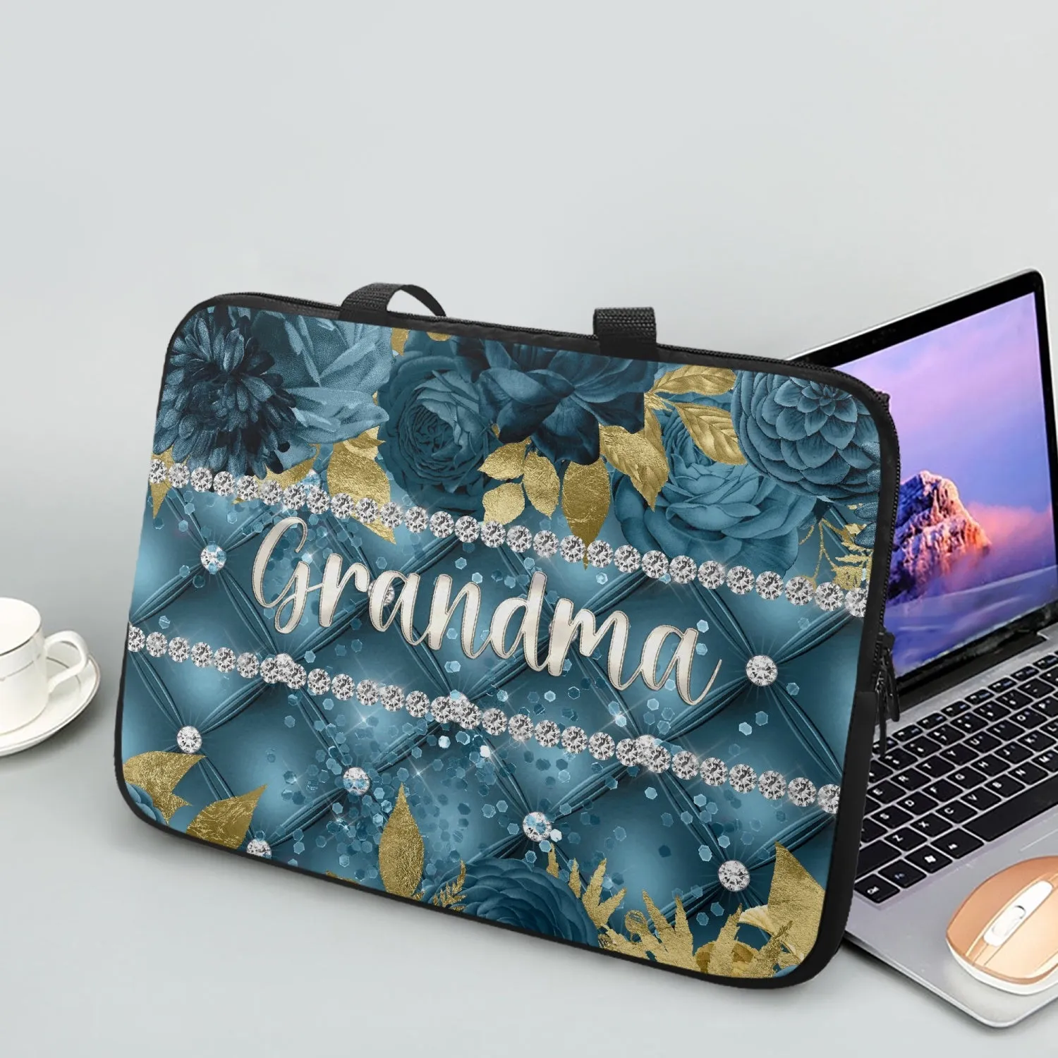 Laptop Sleeve with handle - Teal Floral - Grandma