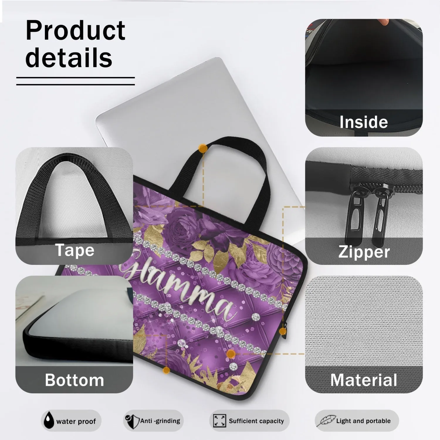 Laptop Sleeve with handles - Purple Floral - Glamma