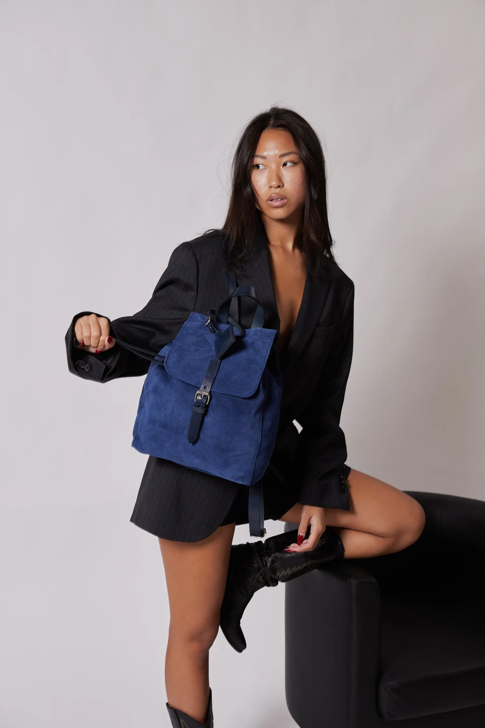 Leather Backpack in Suede Blue Venice Collection