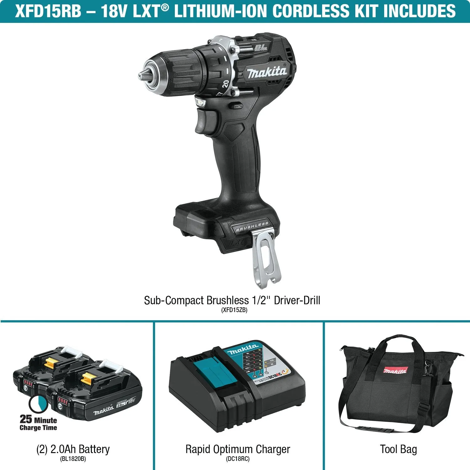 Makita (XFD15RB) 18V LXT® Sub-Compact Brushless 1/2" Driver-Drill Kit (2.0Ah)