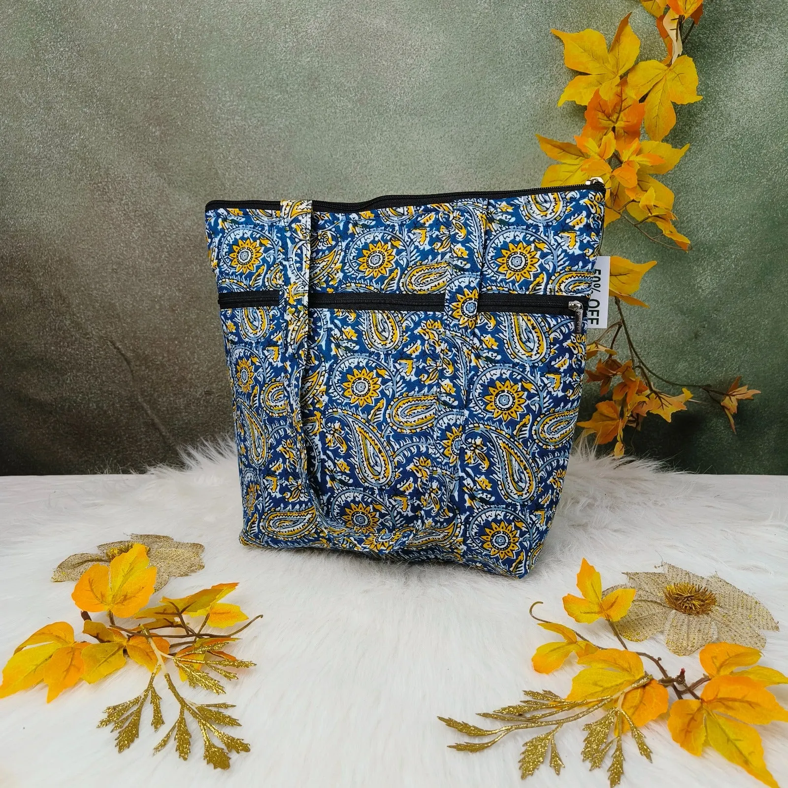 Medium Size Handbag Blue with Botanical Floral Patterns