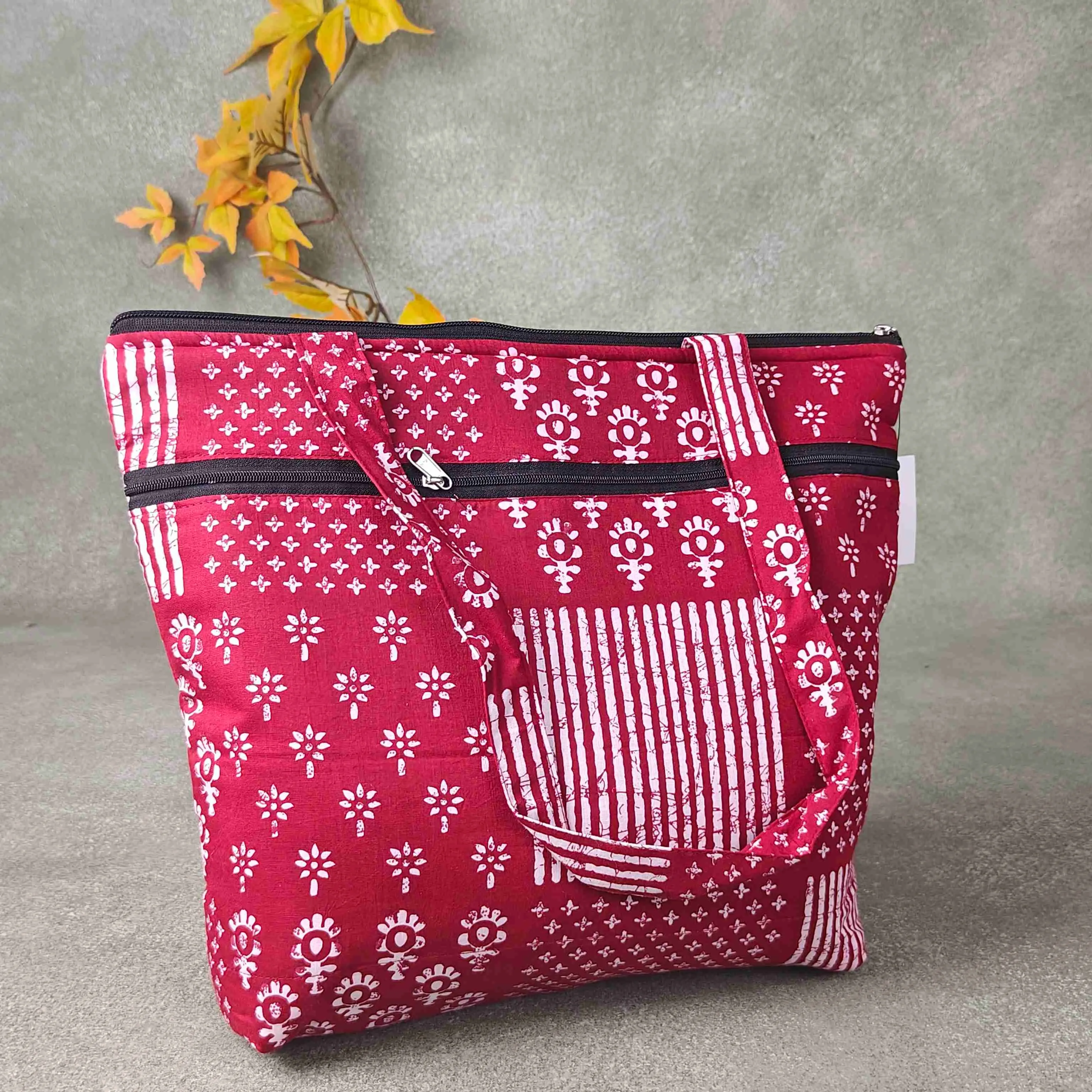 Medium Size Handbag Dark Red with Graphic Printed Design