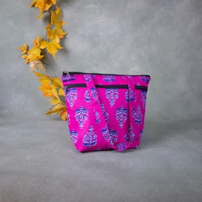 Medium Size Handbag Pink Colour with Bule Design.