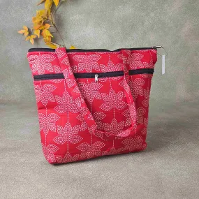 Medium Size Handbag Red with White Leaf Design Prints.