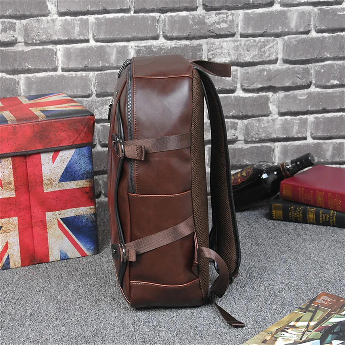 Men Leather Backpack Waterproof Laptop School Bag Travel Satchel Rucksack Large