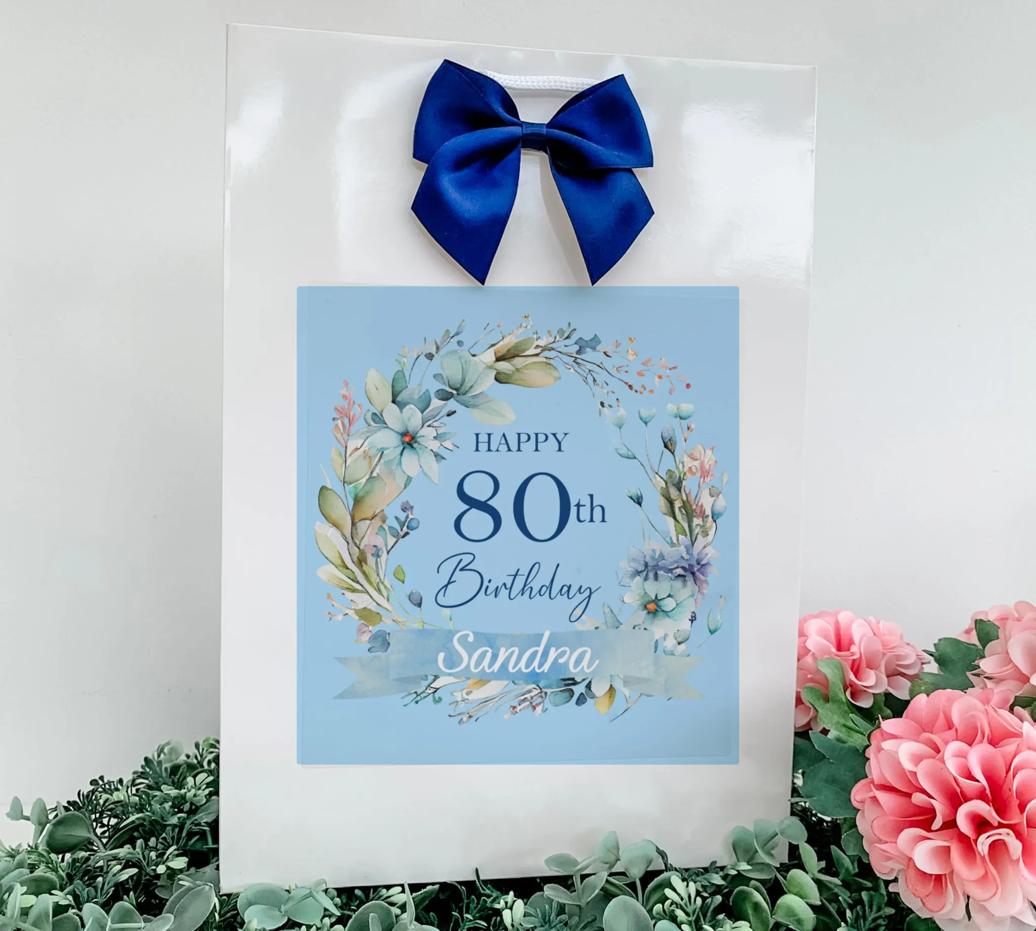 Personalised Birthday Gift Bag Blue Floral Wreath