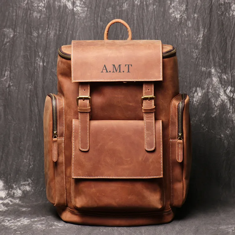 Personalized Large Leather Backpack, Travel Rucksack, Weekend Bag For Men & Women, Best Gift for Men