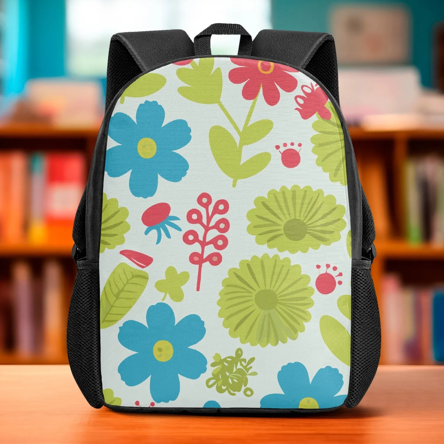 Sac à dos d'école pour enfant "Motif floral vert, bleu et rouge" (201)