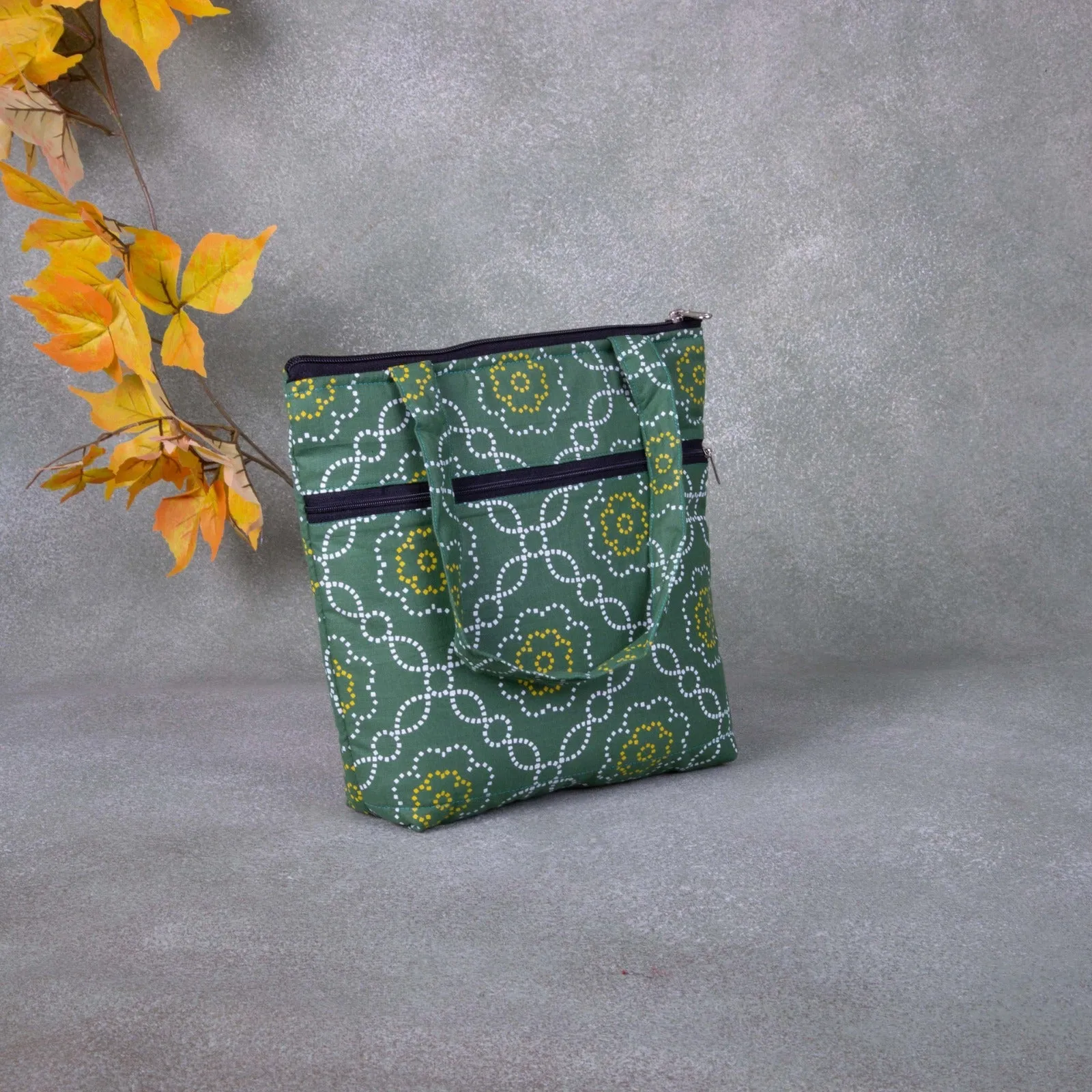 Small Handbag Green Colour with White Bandhani Design.