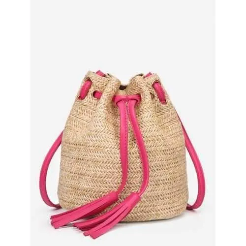 Tassel Decorated Leisure Straw Crossbody Bag - Rose Red