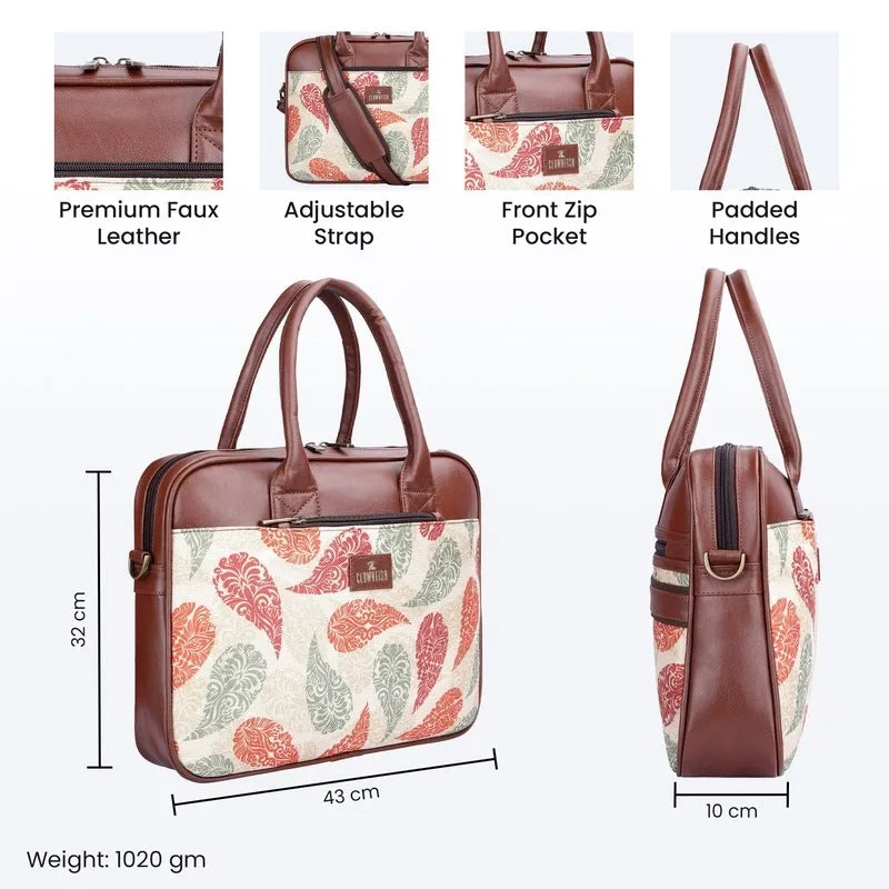 THE CLOWNFISH Deborah series 15.6 inch Laptop Bag For Women Printed Handicraft Fabric & Faux Leather Office Bag Briefcase Messenger Sling Handbag Business Bag (Cream-Leaf Print)