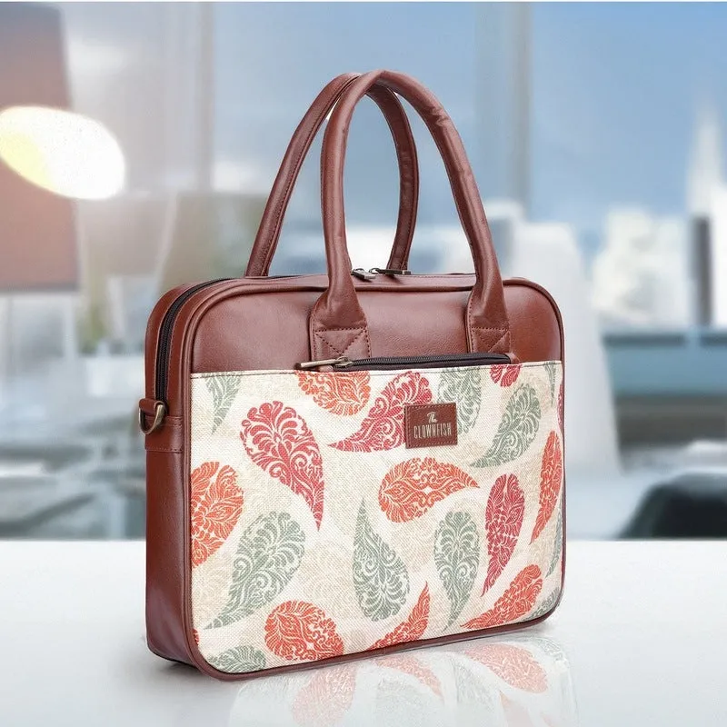 THE CLOWNFISH Deborah series 15.6 inch Laptop Bag For Women Printed Handicraft Fabric & Faux Leather Office Bag Briefcase Messenger Sling Handbag Business Bag (Cream-Leaf Print)