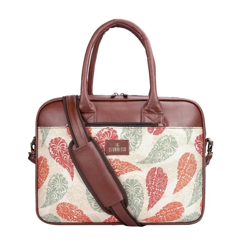 THE CLOWNFISH Deborah series 15.6 inch Laptop Bag For Women Printed Handicraft Fabric & Faux Leather Office Bag Briefcase Messenger Sling Handbag Business Bag (Cream-Leaf Print)