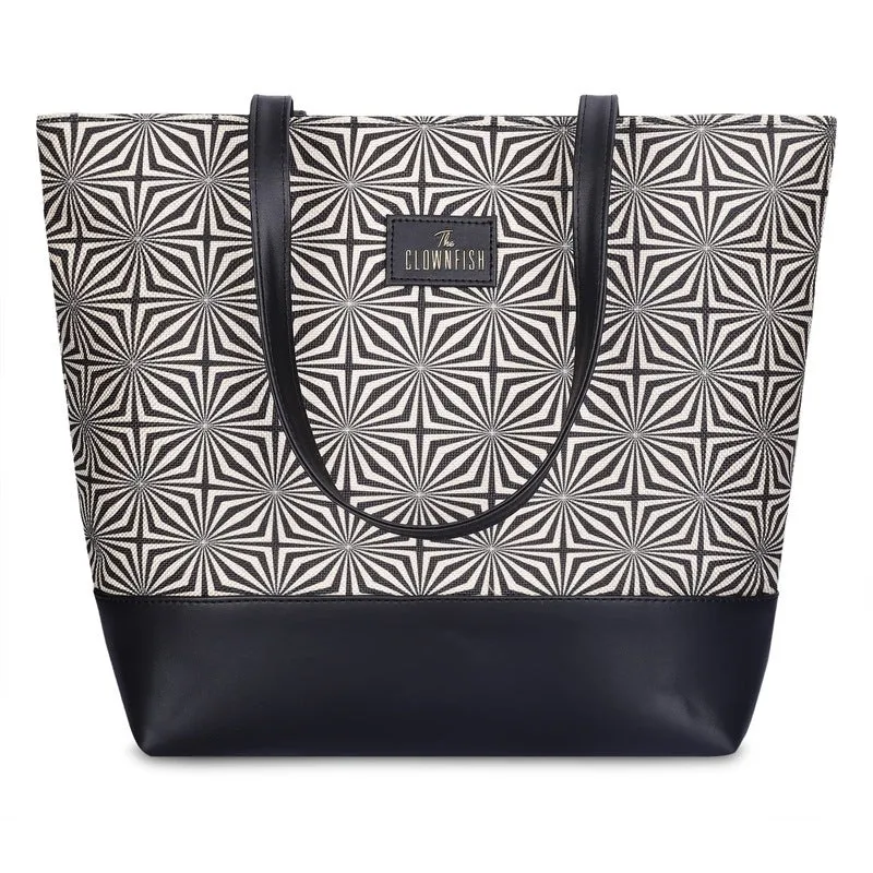 THE CLOWNFISH Empower Series Printed Handicraft Fabric & Faux Leather Handbag for Women Office Bag Ladies Shoulder Bag Tote for Women College Girls (Black-Wave Design)