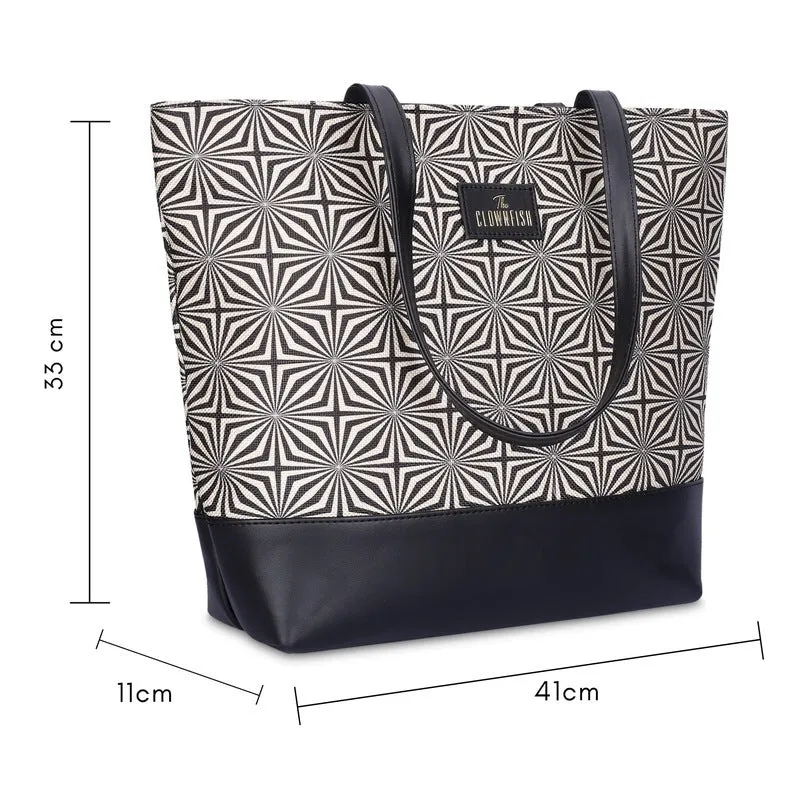 THE CLOWNFISH Empower Series Printed Handicraft Fabric & Faux Leather Handbag for Women Office Bag Ladies Shoulder Bag Tote for Women College Girls (Black-Wave Design)