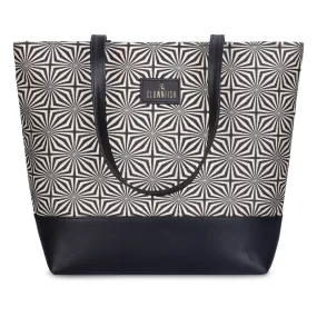 THE CLOWNFISH Empower Series Printed Handicraft Fabric & Faux Leather Handbag for Women Office Bag Ladies Shoulder Bag Tote for Women College Girls (Black-Wave Design)